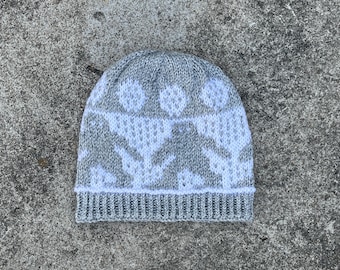 Hand Knit Bigfoot Hat: Light Gray and White Premium Acrylic Sasquatch Beanie