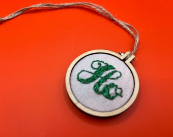 Small Hand-Embroidered Ho Embroidery Hoop for Festive Holiday Ornament Joke or Wall Home Office Car Decor Seasonal Metallic Green on Linen