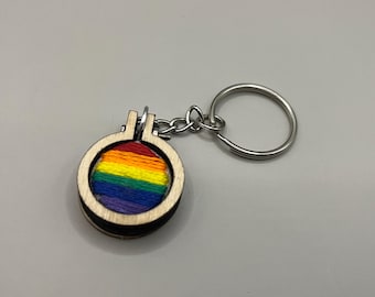Hand-Embroidered Satin Stitch Rainbow Embroidery Hoop Keychain Bag Charm LGBTQ+ Pride Key Chain Handmade Stocking Stuffer Add-On Item