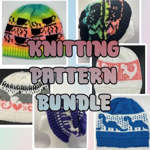 6 PATTERN BUNDLE | Hat Knitting Colorwork Patterns Charts | Beginner Friendly | Screaming Possum, Dinosaurs, Fat Cat, Coffee Mug, Llama