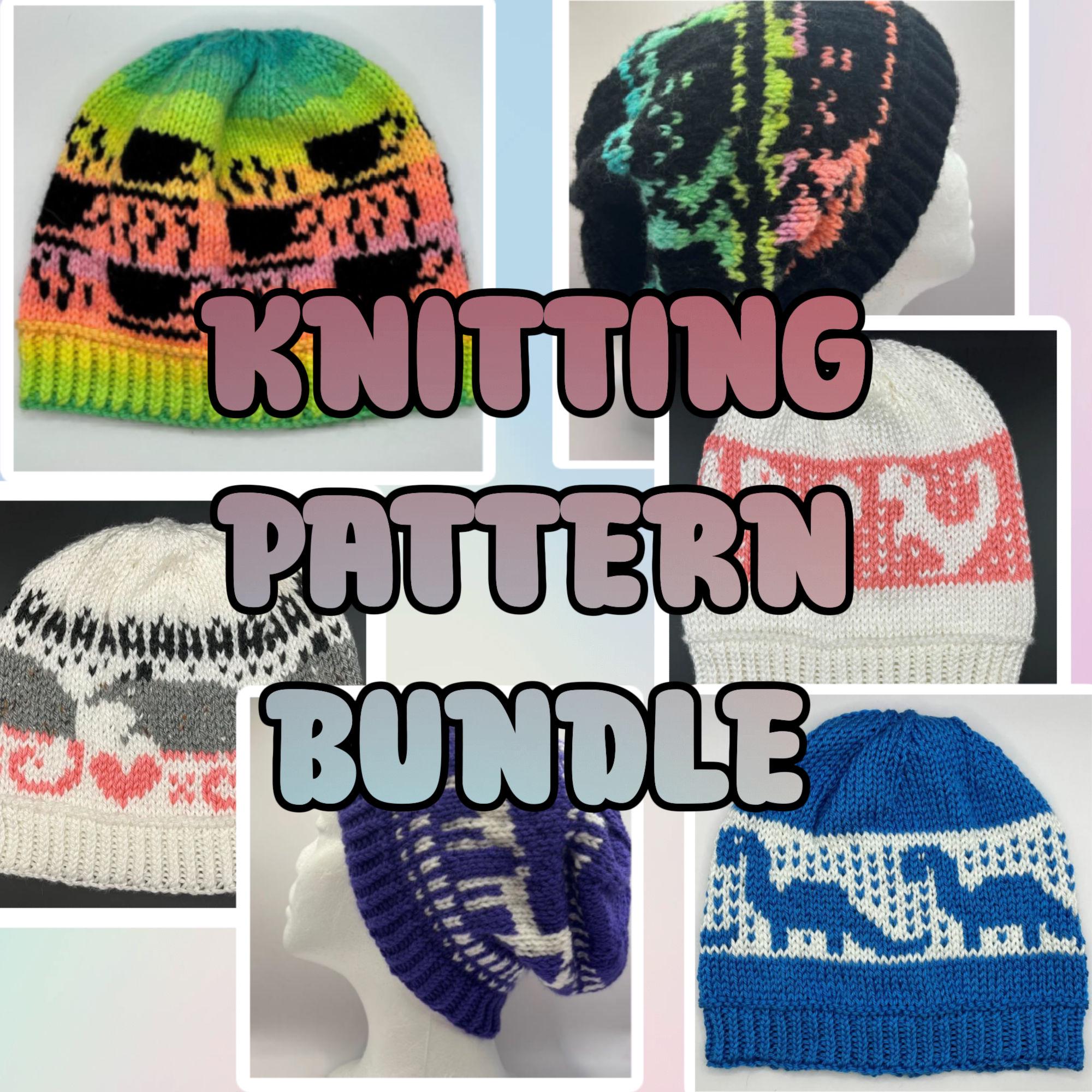 6 PATTERN BUNDLE | Hat Knitting Colorwork Patterns Charts | Beginner Friendly | Screaming Possum, Dinosaurs, Fat Cat, Coffee Mug, Llama