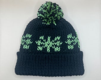 Seinfeld Inspired George Costanza Green and Black Snowflake Pom Pom Hat With Fold-Up Brim - Adult Size Handmade Beanie Winter Toboggan