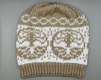 Celtic Inspired Tree of Life Knit Hat - Extra Beige and White Premium Acrylic Yarn - Crann Bethadh Oak Tree Beanie Toque - Excellent Gift
