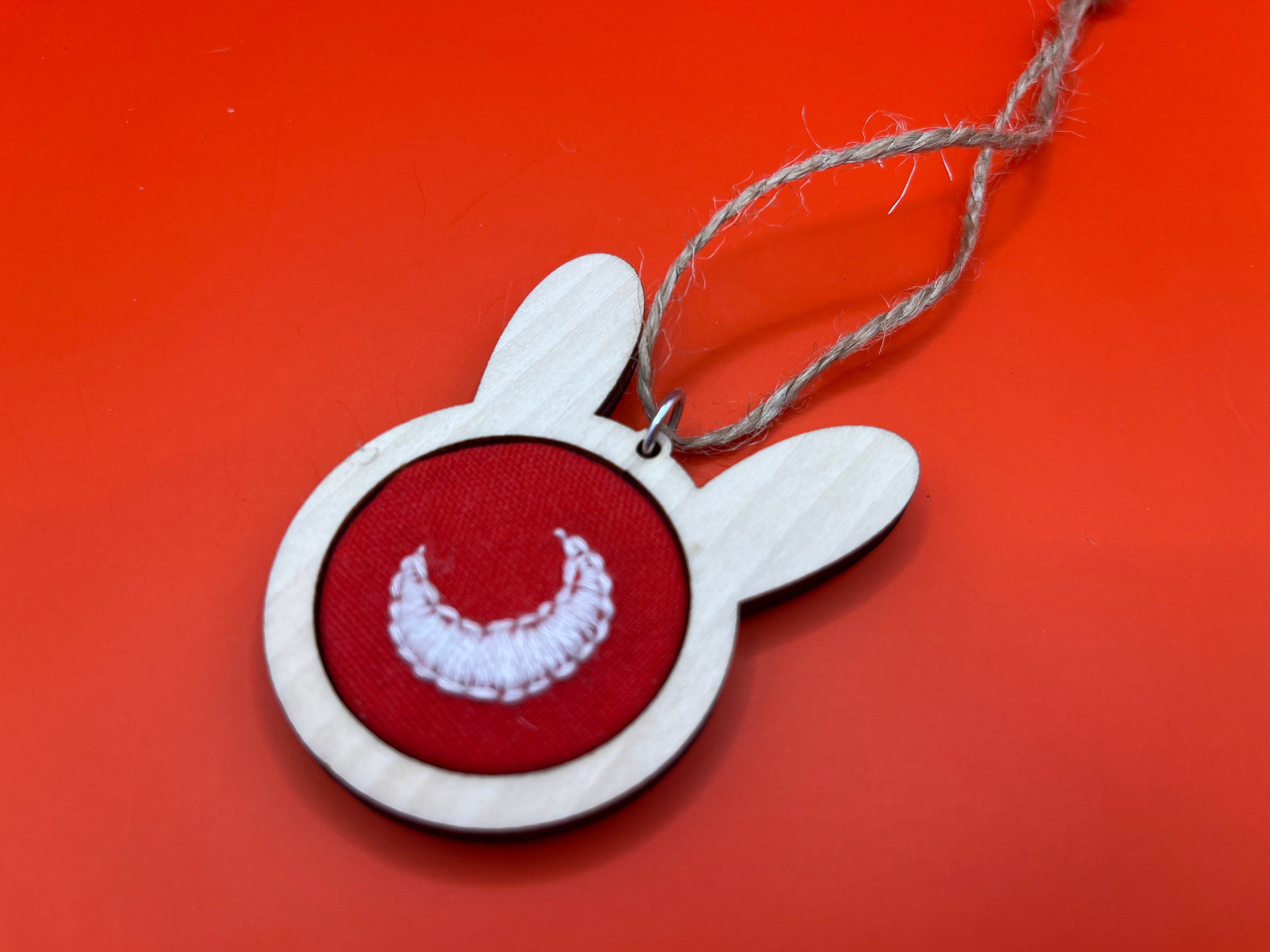 Small Hand-Embroidered Crescent Moon Rabbit Embroidery Hoop for Holiday Ornament or Wall Home Office Car Decor White on Red with Rabbit Ears