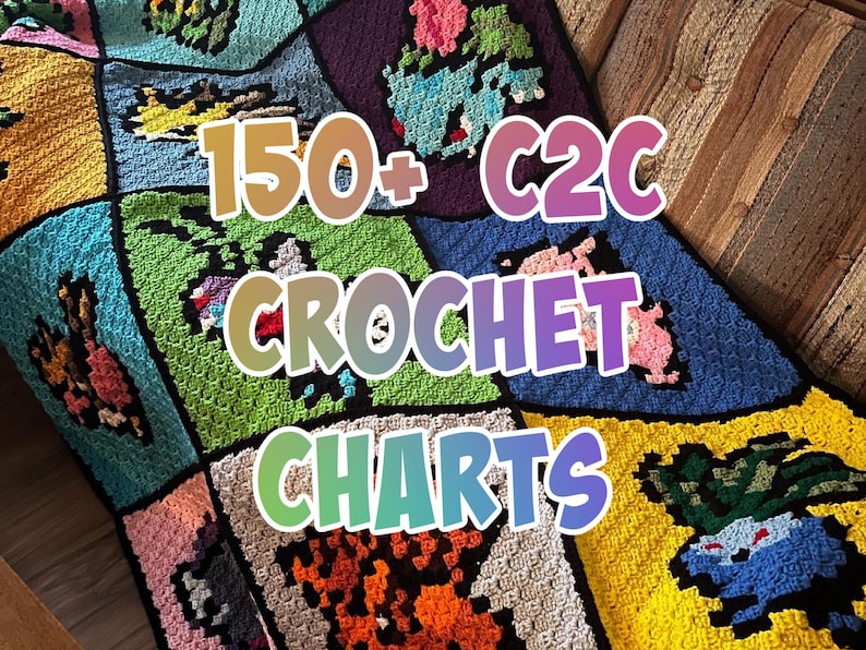 Puede incluir: Una colorida manta de ganchillo hecha a mano con varios dise&ntilde;os de personajes pixelados. La manta est&aacute; compuesta por m&uacute;ltiples paneles cuadrados en colores vibrantes. El texto en la manta dice "150+ C2C CROCHET CHARTS".