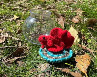 Whimsical Crochet Red Betta Fish With Small Clear Plastic Bowl Cute Fun Novelty Desk Decoration Low Maintenance Pet Handmade