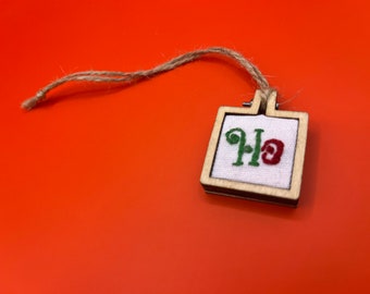 Small Hand-Embroidered Square Ho Embroidery Hoop for Festive Holiday Ornament Joke or Wall Home Office Car Decor Seasonal Red and Green