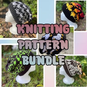 May include: A collage of five knitted beanies in various colors and patterns. The beanies are displayed on white mannequin heads. The text "KNITTING PATTERN BUNDLE" is overlaid on the image. The beanies feature designs in black, white, green, yellow, and brown.