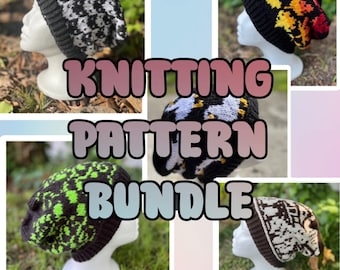 5 PATTERN BUNDLE | Hat Knitting Colorwork Patterns Charts | Beginner Friendly | Autumn Leaves, Baba Yaga Hut, Checkered Cat, Ivy, Goose
