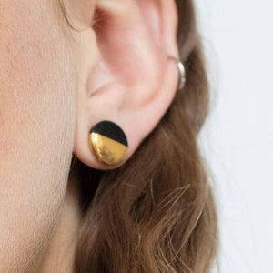 Black Ceramic Stud Earrings with gold dip, Dainty Circle Earrings, Minimalist Earrings, Handmade anniversary gift for woman