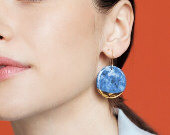 Handmade Blue Marble Porcelain Round Dangle Drop 24k Gold Earrings, Elegant Sustainable Hypoallergenic Waterproof Jewelry, Unique Gift