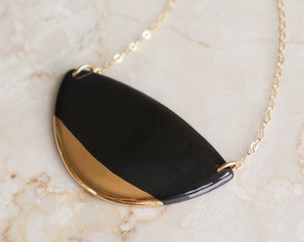 Black Porcelain Pendant Necklace with gold detail. Ceramic handmade necklace. Unique minimalist jewelry. Ready to ship gift.