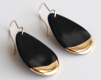 Handmade Small Black Porcelain Dangle Drop 24k Gold Earrings, Elegant Sustainable Hypoallergenic Waterproof Jewelry, Classy Romantic Gift