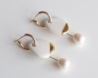 White porcelain earrings with gold dip, Round Hoop Earrings, Mid century jewelry, Pearl earrings, Long dangle earrings