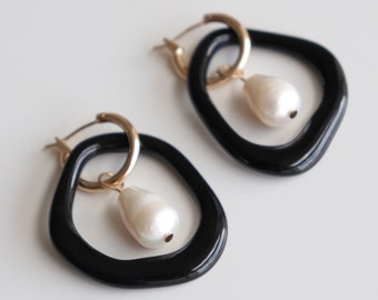 Jean Arp black earrings, Artsy earrings, Porcelain earrings with a pearl, Dadaism earrings, Unique statement jewelry