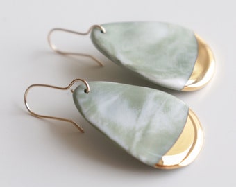 Handmade Green Marble Porcelain Dangle Drop 24k Gold Earrings, Elegant Sustainable Hypoallergenic Waterproof Jewelry, Classy Unique Gift