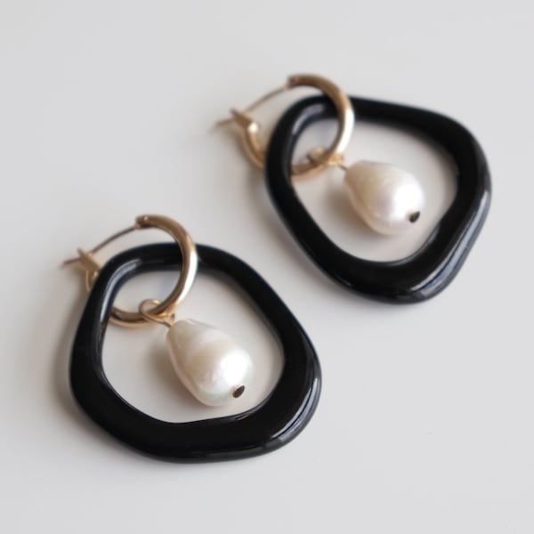 Jean Arp black earrings, Artsy earrings, Porcelain earrings with a pearl, Dadaism earrings, Unique statement jewelry