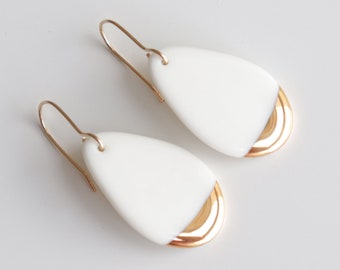 Small White Porcelain Drop Earrings, Classic gold dip earrings, White and gold wedding jewelry