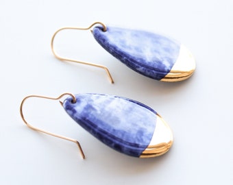 Small Porcelain Drop Earrings / Blue Porcelain Earrings / Dangle Drop Earrings / Teardrop Earrings / Ceramic Earrings / Gold Dipped Earrings
