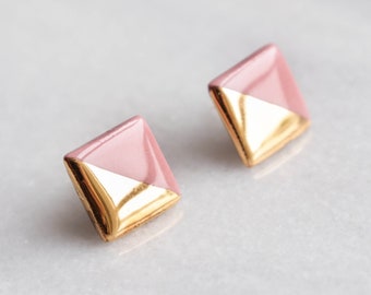 Handmade Pink Porcelain Everyday 24k Gold Square Stud Earrings, Elegant Hypoallergenic Lightweight Delicate Silver Jewelry, Unique Gift