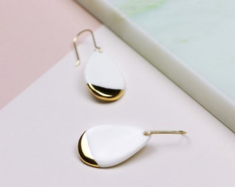 Small White Porcelain Drop Earrings, Classic gold dip earrings, White and gold wedding jewelry