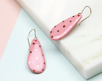 Handmade Pink Polka Dot Porcelain Dangle Drop 24k Gold Earrings, Elegant Sustainable Hypoallergenic Waterproof Jewelry, Classy Unique Gift