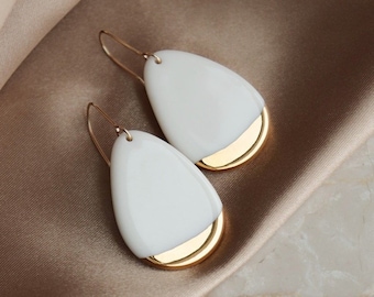 White Porcelain Drop Earrings with Gold Detail, Dangle Drop Earrings, Handmade Ceramic Earrings, Gold Dipped Earrings, Wedding jewelry