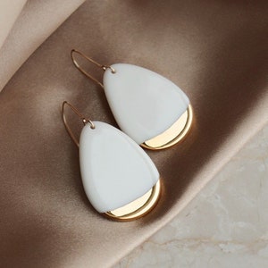 White Porcelain Drop Earrings with Gold Detail, Dangle Drop Earrings, Handmade Ceramic Earrings, Gold Dipped Earrings, Wedding jewelry