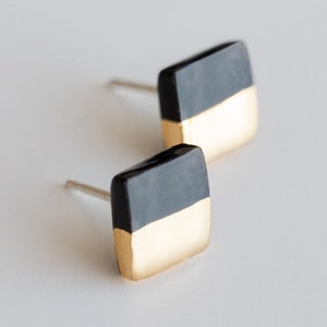 Handmade Black Porcelain Everyday 24k Gold Square Stud Earrings, Elegant Hypoallergenic Lightweight Delicate Silver Jewelry, Unique Gift