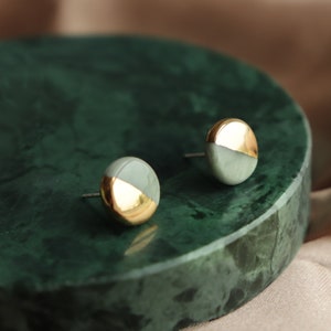 Handmade Green Marble Porcelain 24k Gold Tiny Round Stud Earrings, Elegant Hypoallergenic Lightweight Delicate Silver Jewelry, Unique Gift