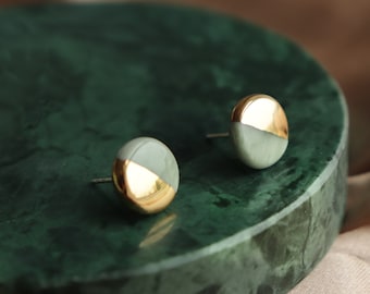 Handmade Green Marble Porcelain 24k Gold Tiny Round Stud Earrings, Elegant Hypoallergenic Lightweight Delicate Silver Jewelry, Unique Gift