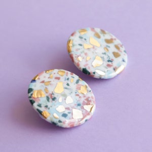 Zero waste earrings, Mosaic porcelain earrings with gold, Colorful ceramic earrings, Round earrings image 2