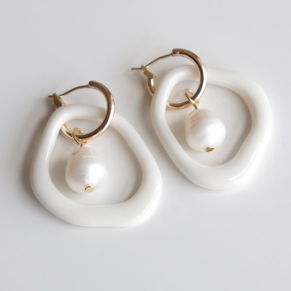 Porcelain Earrings with Freshwater Pearl - Jean Arp Inspired, Mix & Match for 4 Styles, Dadaist Huggie Hoop. Handmade by Rozenthal jewelry