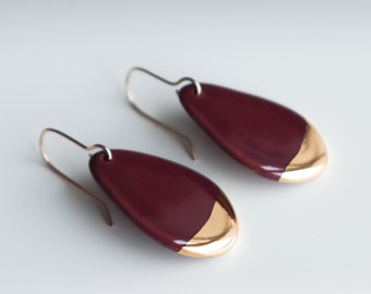 Handmade Burgundy Porcelain Dangle Drop 24k Gold Earrings, Elegant Sustainable Hypoallergenic Waterproof Jewelry, Classy Romantic Gift