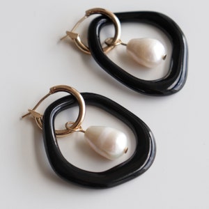 Jean Arp black earrings, Artsy earrings, Porcelain earrings with a pearl, Dadaism earrings, Unique statement jewelry image 4