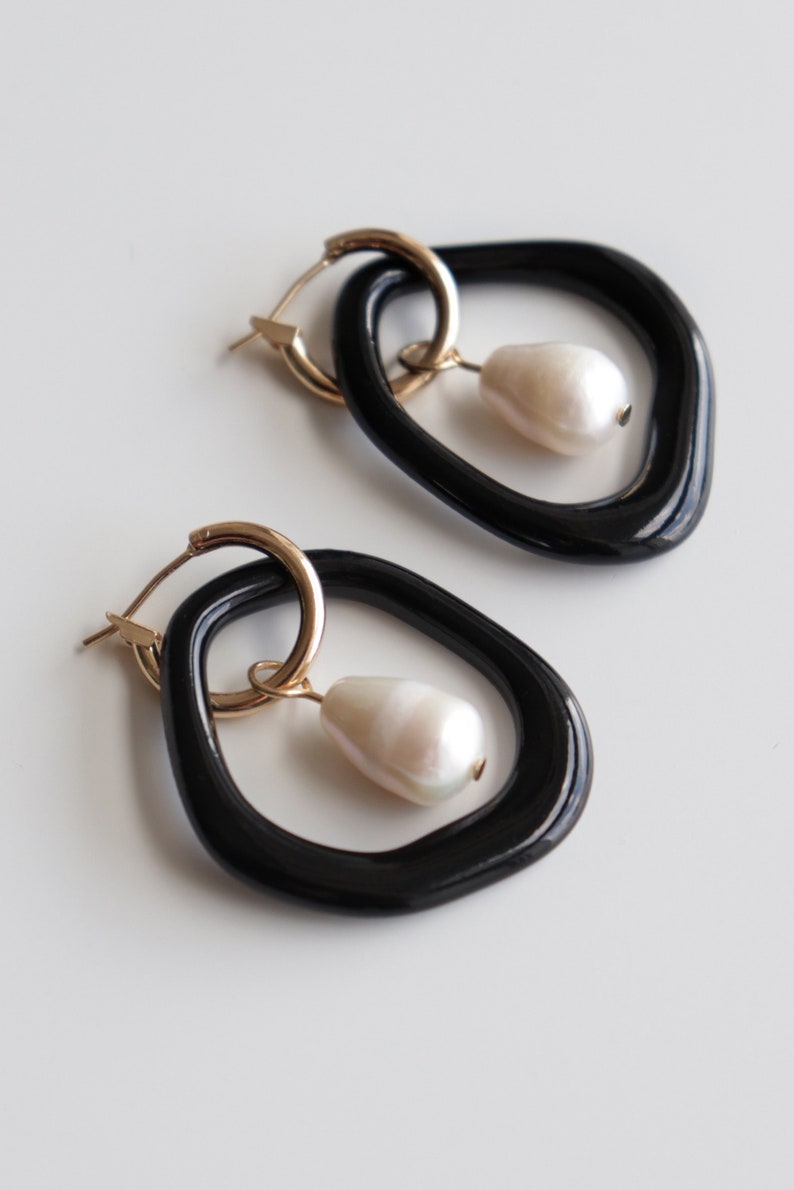 Jean Arp black earrings, Artsy earrings, Porcelain earrings with a pearl, Dadaism earrings, Unique statement jewelry image 4