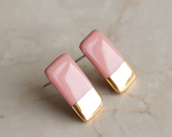 Handmade Pink Porcelain 24k Gold Rectangle Everyday Stud Earrings, Elegant Hypoallergenic Lightweight Delicate Silver Jewelry, Unique Gift