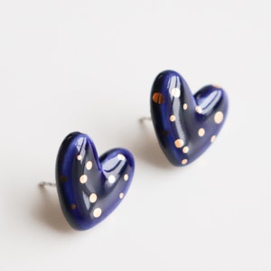 Handmade Blue Heart Earrings with Gold Polka Dots, Made for sensitive ears
