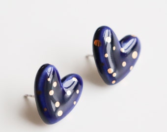 Blue heart earrings with gold polka dots, Valentine's gift for women, Love themed earrings