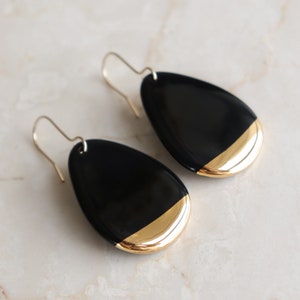 Black Porcelain Drop Earrings / Medium size Earrings / Dangle Drop Earrings / Handmade Ceramic Earrings / Gold Dipped Earrings