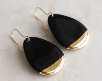 Black Porcelain Drop Earrings / Medium size Earrings / Dangle Drop Earrings / Handmade Ceramic Earrings / Gold Dipped Earrings
