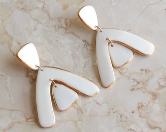 Large gold statement earrings / White porcelain earrings / Geometric earrings / Handmade ceramic jewelry