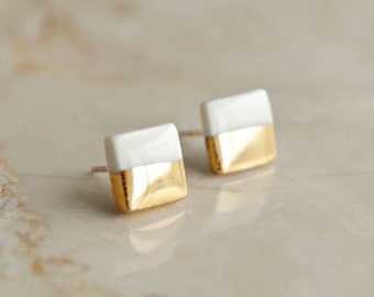 White Porcelain Stud Earrings with Gold Dip, Minimalist Earrings, White Ceramic Earrings, Dainty Earrings, Valentine's Gift