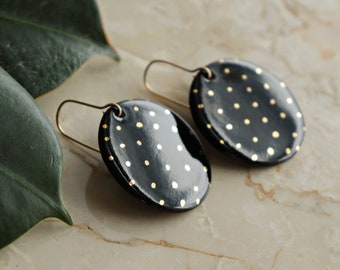 Handmade Black Polka Dot Porcelain Dangle Drop 24k Gold Round Earrings, Elegant Sustainable Hypoallergenic Waterproof Jewelry, Romantic Gift