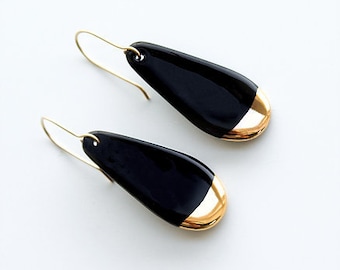 Small Black Drop Earrings - Gold Dip, Porcelain earrings, Dark Minimalist Jewellery For Women, Handmade Ceramic Jewellery