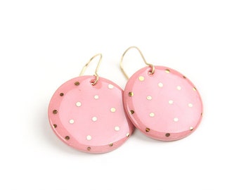 Handmade Pink Polka Dot Porcelain Dangle Drop 24k Gold Round Earrings, Elegant Sustainable Hypoallergenic Waterproof Jewelry, Romantic Gift