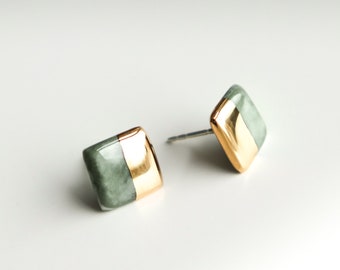Handmade Green Marble Porcelain Everyday 24k Gold Square Stud Earrings, Elegant Hypoallergenic Lightweight Silver Jewelry, Unique Gift