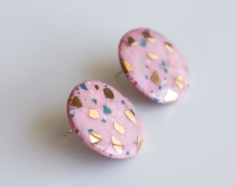 Upcycled Pink Zero Waste earrings, Colorful ceramic earrings with Terrazzo effect, Porcelain earrings with sterling silver posts