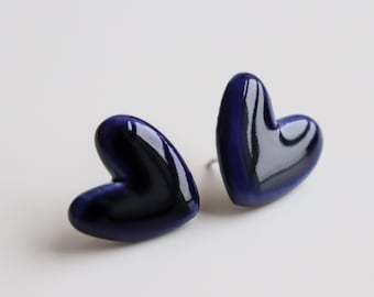 Minimalist deep blue heart earrings, Cute Valentine's gift for women, Lovecore earrings with sterling silver studs