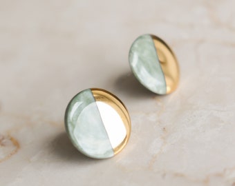 Handmade Green Marble Porcelain 24k Gold Tiny Round Stud Earrings, Elegant Hypoallergenic Lightweight Delicate Silver Jewelry, Unique Gift